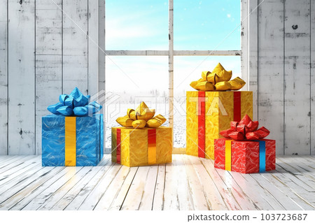 Blue and red boxes with golden bows on white backgraund. Generative AI 103723687