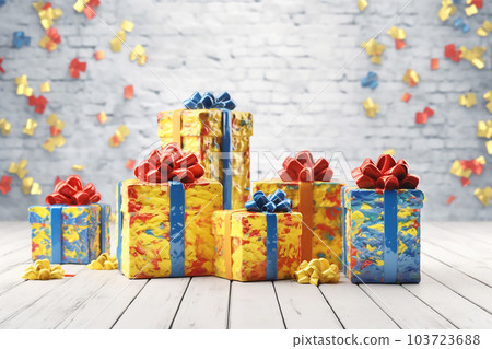 Colorful gift boxes with red bows. Generative AI 103723688