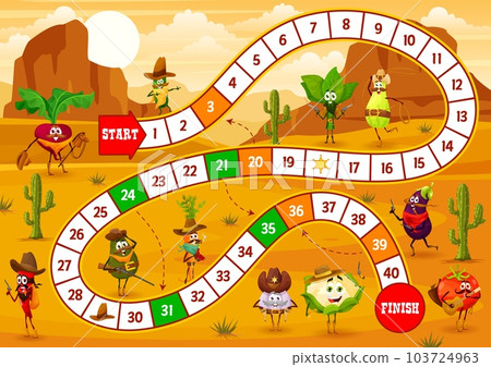 Kids step board game. Cartoon cowboy, bandit, sheriff and ranger vegetable characters. Dice game, roll and move race game vector worksheet with beet, garlic, cucumber and spinach, zucchini, avocado 103724963