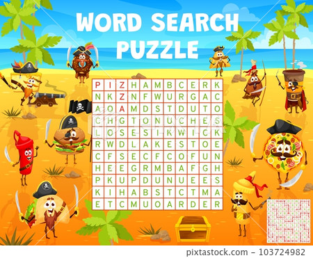 Word search puzzle. Cartoon pirates fastfood characters on treasure island game worksheet. Vector grid with pizza, hamburger, tacos and nachos. Donut, chicken, cheesecake, coffee, ketchup or mustard 103724982