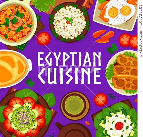 Egyptian cuisine menu cover page. Salads with cheese, beans and carrot, eggs in garlic and barley pudding dessert, scrambled eggs with shrimps, lamb omelet and mixed salad with vegetables Egyptian cuisine menu cover page. Salads with cheese, beans and carrot, eggs in garlic and barley pudding dessert, scrambled eggs with shrimps, lamb omelet and mixed salad with vegetables 103725103