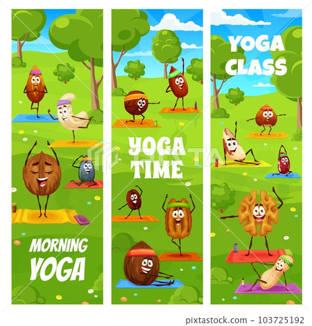 Kids yoga and fitness class, cartoon nuts characters on yoga. Vector banners with coffee or kidney bean, hazelnut, almond, coconut, pekan and peanut, brazil or macadamia. Sunflower or pumpkin seeds Kids yoga and fitness class, cartoon nuts characters on yoga. Vector banners with coffee or kidney bean, hazelnut, almond, coconut, pekan and peanut, brazil or macadamia. Sunflower or pumpkin seeds 103725192