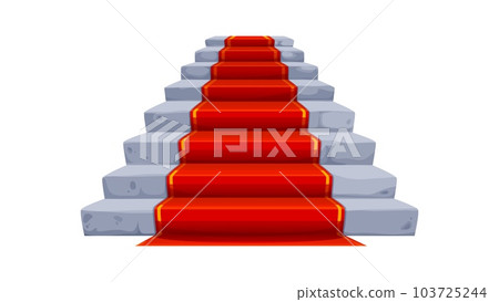 Castle and palace staircases, stone stair with red carpet. Isolated vector classic royal rocky ladder with rug front view, Vintage architecture interior element, entrance of old fairytale mansion 103725244