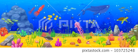 Cartoon underwater sea landscape and animals. Ocean bottom life landscape with fishes shoals, squid and turtle, whale, stingray and seaweed. Seabed seascape or coral reef deep wildlife vector backdrop 103725248