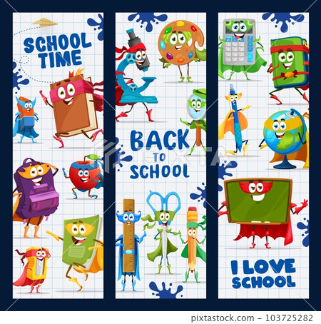 Back to school banners with cartoon stationery superhero characters. Vector vertical cards with funny textbook, ruler, paints, and magnifying glass. Rucksack, blackboard, globe and pen or microscope Back to school banners with cartoon stationery superhero characters. Vector vertical cards with funny textbook, ruler, paints, and magnifying glass. Rucksack, blackboard, globe and pen or microscope 103725282
