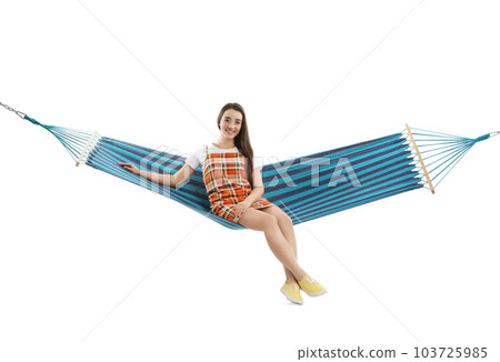 Woman resting in hammock on white background Woman resting in hammock on white background 103725985
