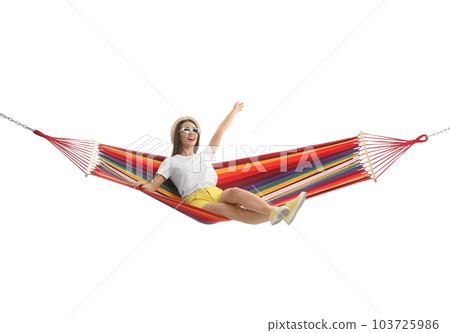 Woman resting in hammock on white background Woman resting in hammock on white background 103725986