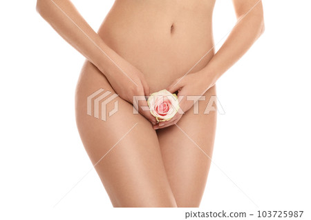 Woman with rose showing smooth skin on white background, closeup. Brazilian bikini epilation Woman with rose showing smooth skin on white background, closeup. Brazilian bikini epilation 103725987