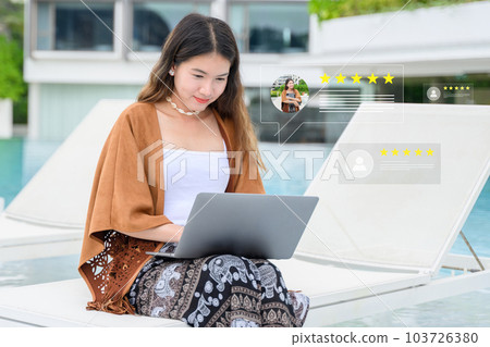 Businesswoman working outdoor using chatbot on computer with smart AI Businesswoman working outdoor using chatbot on computer with smart AI 103726380