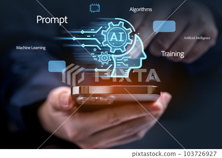 Businessman using chatbot on smartphone with Artificial Intelligence Businessman using chatbot on smartphone with Artificial Intelligence 103726927
