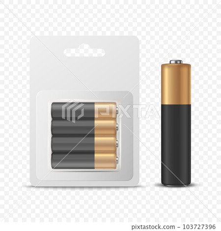 Vector 3d Realistic Four Alkaline Battery in Paper Blister and Single Battery Icon Closeup Set Isolated. AA Size, Horizontal Position. Design Template for Branding, Mockup. Vector Illustration 103727396