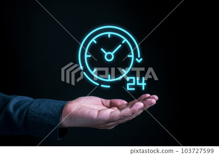 Hands with symbol of on worldwide 24 7service, Worldwide nonstop Hands with symbol of on worldwide 24 7service, Worldwide nonstop 103727599