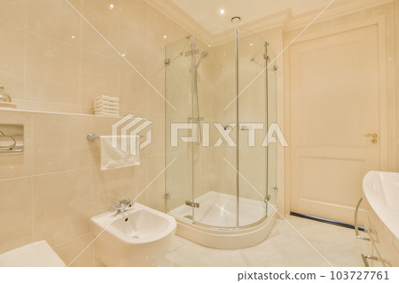 a bathroom with a toilet, sink and shower stall in the corner area on the left side of the room 103727761