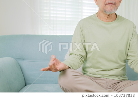 Senior man with yoga, Senior grandfather doing yoga in living room 103727838