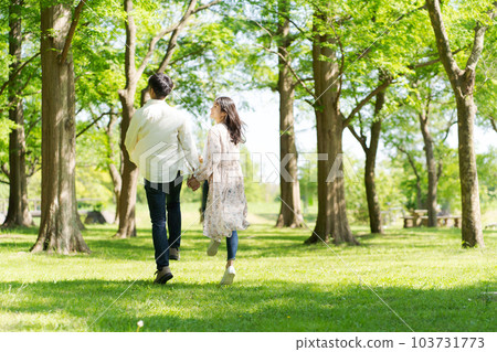 Portrait of man and woman walking in park Portrait of man and woman walking in park 103731773
