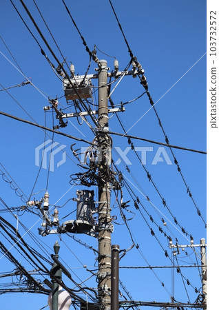 Various cables and wires and utility poles that support them Various cables and wires and utility poles that support them 103732572