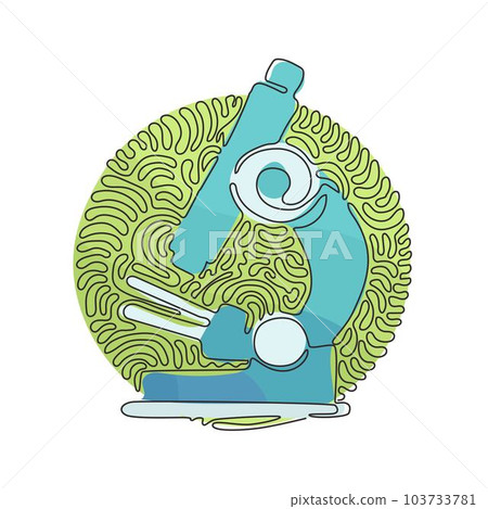 Continuous one line drawing microscope icon. Virus medical research test. Hospital professional lab. Chemical laboratory. Swirl curl circle background style. Single line draw design vector graphic 103733781