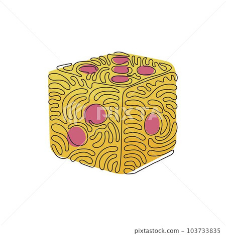 Single continuous line drawing dice. Dice with white dots. Dice cube, casino game. Cute outline cube by black contour for table game. Swirl curl style. One line draw graphic design vector illustration Single continuous line drawing dice. Dice with white dots. Dice cube, casino game. Cute outline cube by black contour for table game. Swirl curl style. One line draw graphic design vector illustration 103733835
