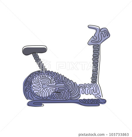 Single one line drawing bicycle exercise machine. Stationary exercise bike gym. Static bike for workout. Swirl curl style concept. Modern continuous line draw design graphic vector illustration Single one line drawing bicycle exercise machine. Stationary exercise bike gym. Static bike for workout. Swirl curl style concept. Modern continuous line draw design graphic vector illustration 103733863