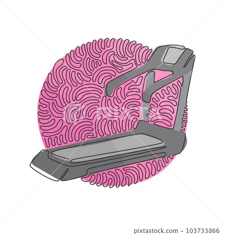 Single one line drawing professional treadmill with incline. Professional gym equipment, running treadmill. Swirl curl circle background style. Continuous line draw design graphic vector illustration Single one line drawing professional treadmill with incline. Professional gym equipment, running treadmill. Swirl curl circle background style. Continuous line draw design graphic vector illustration 103733866