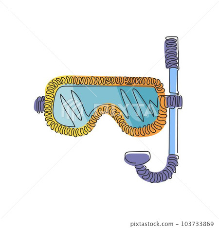 Continuous one line drawing scuba diving mask with snorkel. Diving mask. Mask and snorkel for swimming. Scuba diving concept. Swirl curl style. Single line draw design vector graphic illustration Continuous one line drawing scuba diving mask with snorkel. Diving mask. Mask and snorkel for swimming. Scuba diving concept. Swirl curl style. Single line draw design vector graphic illustration 103733869
