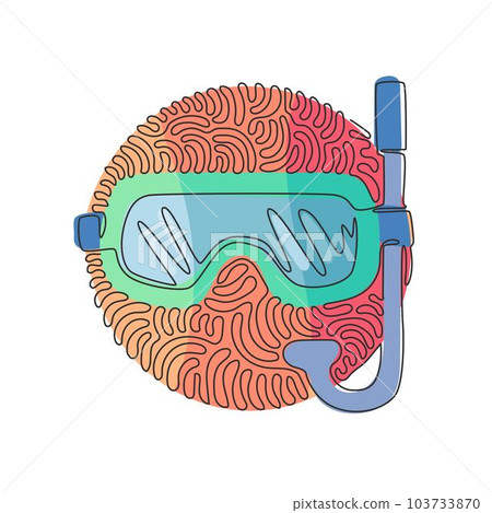 Continuous one line drawing scuba diving mask with snorkel. Diving mask. Mask and snorkel for swimming. Scuba diving concept. Swirl curl circle background style. Single line draw design vector graphic Continuous one line drawing scuba diving mask with snorkel. Diving mask. Mask and snorkel for swimming. Scuba diving concept. Swirl curl circle background style. Single line draw design vector graphic 103733870