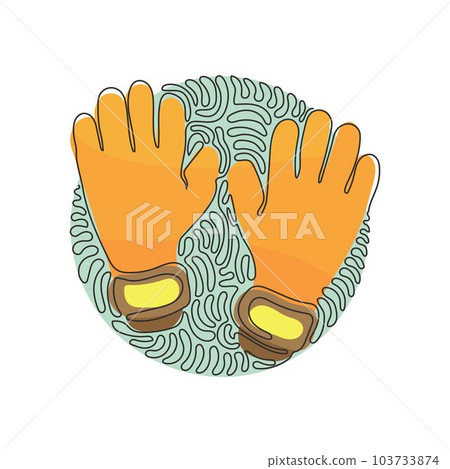 Single continuous line drawing Goalkeeper gloves. Goalkeeper protection gloves. Soccer goalkeepers gloves. Swirl curl circle background style. Dynamic one line draw graphic design vector illustration 103733874