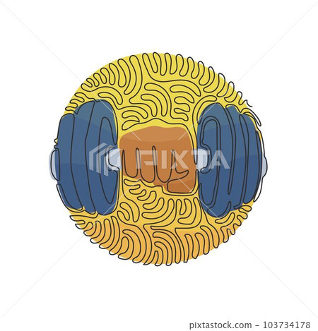 Single continuous line drawing hand with dumbbell. Dumbbell in hand. Gym, fitness, sport label. Train hard. Stay strong. Swirl curl circle background style. Dynamic one line draw graphic design vector Single continuous line drawing hand with dumbbell. Dumbbell in hand. Gym, fitness, sport label. Train hard. Stay strong. Swirl curl circle background style. Dynamic one line draw graphic design vector 103734178