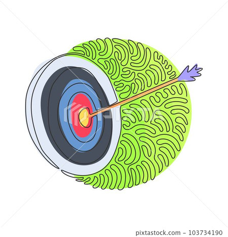 Continuous one line drawing Archery Target With Arrows Archer Sport Game Competition. Dartboard with arrow. Swirl curl circle background style. Single line draw design vector graphic illustration 103734190