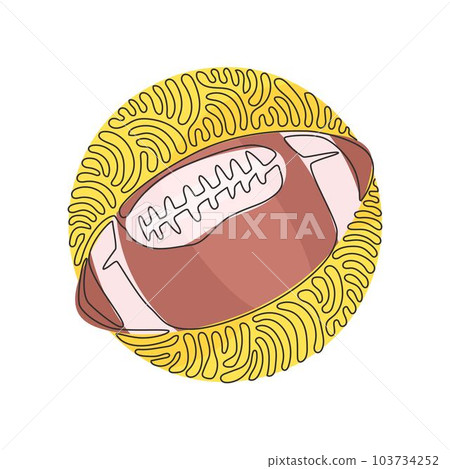 Continuous one line drawing leather American football ball. American college high school junior striped football. Swirl curl circle background style. Single line design vector graphic illustration Continuous one line drawing leather American football ball. American college high school junior striped football. Swirl curl circle background style. Single line design vector graphic illustration 103734252