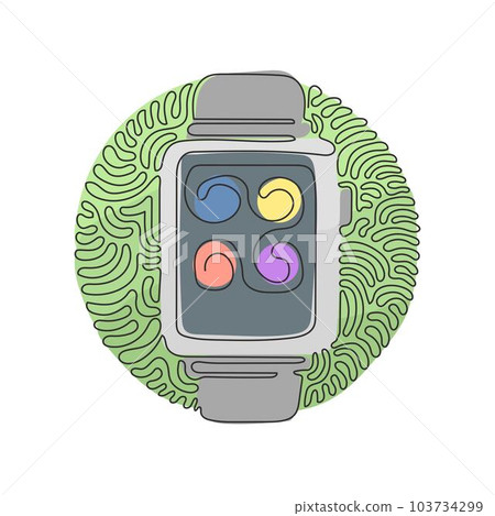 Continuous one line drawing Smart watch device display with app icons. Smart watch wearable technology. Swirl curl circle background style. Single line draw design vector graphic illustration Continuous one line drawing Smart watch device display with app icons. Smart watch wearable technology. Swirl curl circle background style. Single line draw design vector graphic illustration 103734299