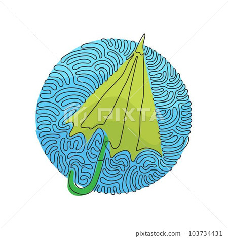 Single one line drawing umbrella close parasol handle rain object accessory. Water protection sign. Rainy weather symbol. Swirl curl circle background style. Modern continuous line draw design graphic 103734431