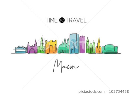 Continuous one line drawing Macon city skyline, Georgia. Beautiful landmark. World landscape tourism travel wall decor poster print art. Stylish single line draw graphic design vector illustration Continuous one line drawing Macon city skyline, Georgia. Beautiful landmark. World landscape tourism travel wall decor poster print art. Stylish single line draw graphic design vector illustration 103734458