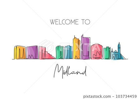 Single one line drawing Midland city skyline, Texas. World historical town landscape. Best holiday destination postcard. Editable stroke trendy continuous line draw graphic design vector illustration 103734459