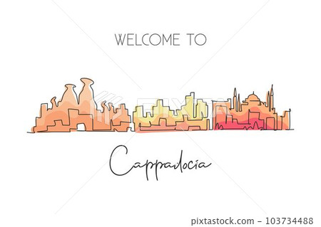 Single one line drawing Cappadocia city skyline, Turkey. World historical town landscape. Best holiday destination postcard art. Editable stroke trendy continuous line draw design vector illustration 103734488
