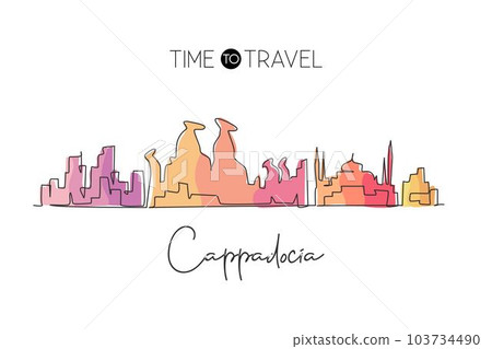 Continuous one line drawing Cappadocia city skyline, Turkey. Beautiful landmark artwork. World landscape tourism travel wall decor poster print art. Stylish single line draw design vector illustration 103734490