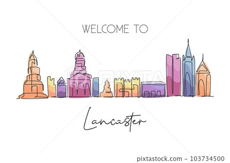Single one line drawing Lancaster city skyline, England. World historical town landscape. Best holiday destination postcard art. Editable stroke trendy continuous line draw design vector illustration 103734500