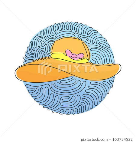 Single continuous line drawing ladies or women's hat icon. Fashion. Lady or women's beach hat. Elements of beach holidays. Swirl curl circle background style. One line draw graphic design vector Single continuous line drawing ladies or women's hat icon. Fashion. Lady or women's beach hat. Elements of beach holidays. Swirl curl circle background style. One line draw graphic design vector 103734522