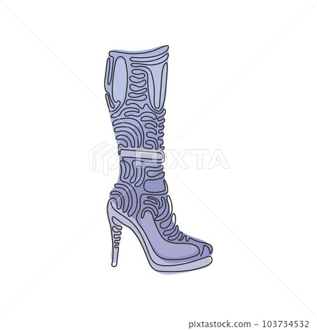 Single one line drawing fashionable women's boots. Autumn and winter female footwear. Knee high boots. Swirl curl style concept. Modern continuous line draw design graphic vector illustration Single one line drawing fashionable women's boots. Autumn and winter female footwear. Knee high boots. Swirl curl style concept. Modern continuous line draw design graphic vector illustration 103734532