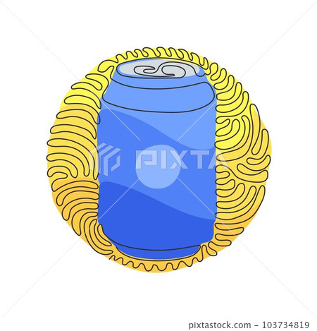 Single one line drawing cola soda in aluminum can. Cold soft drink to crave for refreshing feeling. Swirl curl circle background style. Modern continuous line draw design graphic vector illustration 103734819