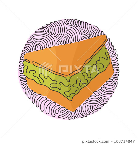 Single one line drawing of delicious juicy sandwiches filled with vegetables, cheese, meat, cutlet. Swirl curl circle background style. Modern continuous line draw design graphic vector illustration 103734847