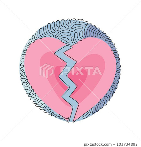 Single continuous line drawing love shape broken in two. Emoji of heartbreak, broken heart or divorce icon. Swirl curl circle background style. Dynamic one line draw graphic design vector illustration Single continuous line drawing love shape broken in two. Emoji of heartbreak, broken heart or divorce icon. Swirl curl circle background style. Dynamic one line draw graphic design vector illustration 103734892