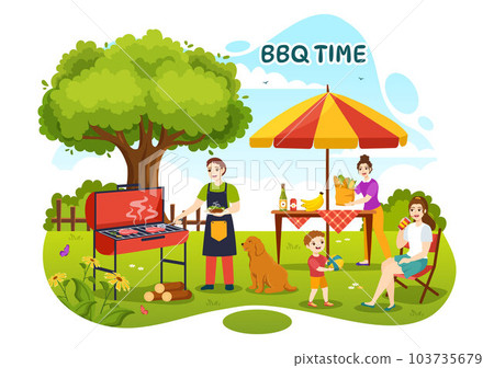 Barbecue and Grill Set Vector Illustration Kids Grilling or BBQ Party Food at Park in Festival and Summer Cooking Cartoon Hand Drawn Templates 103735679