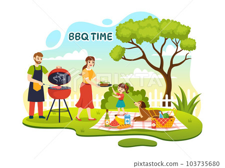 Barbecue and Grill Set Vector Illustration Kids Grilling or BBQ Party Food at Park in Festival and Summer Cooking Cartoon Hand Drawn Templates 103735680
