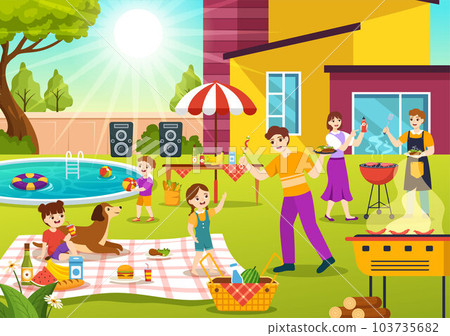 Barbecue and Grill Set Vector Illustration Kids Grilling or BBQ Party Food at Park in Festival and Summer Cooking Cartoon Hand Drawn Templates 103735682