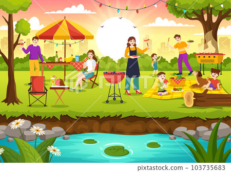 Barbecue and Grill Set Vector Illustration Kids Grilling or BBQ Party Food at Park in Festival and Summer Cooking Cartoon Hand Drawn Templates 103735683