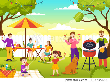 Barbecue and Grill Set Vector Illustration Kids Grilling or BBQ Party Food at Park in Festival and Summer Cooking Cartoon Hand Drawn Templates 103735685