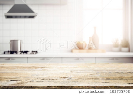 Empty Wood table top on blurred kitchen background.. 103735708