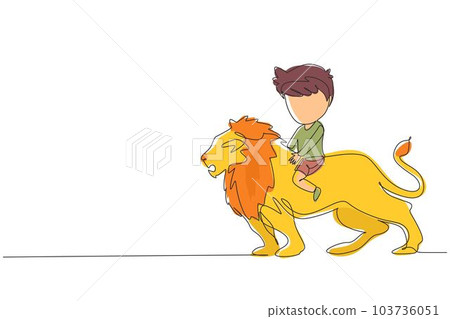 Single continuous line drawing happy little boy riding lion. Child sitting on back big lion at circus event. Kid learning to ride beast animal. Dynamic one line draw graphic design vector illustration Single continuous line drawing happy little boy riding lion. Child sitting on back big lion at circus event. Kid learning to ride beast animal. Dynamic one line draw graphic design vector illustration 103736051