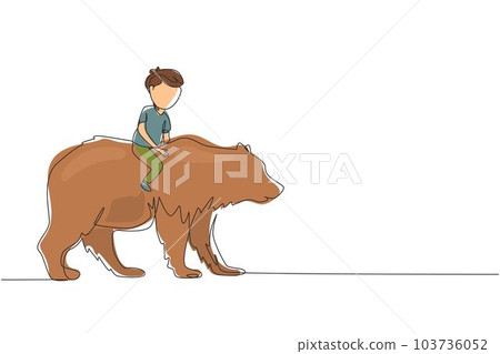 Single one line drawing happy little boy riding brown grizzly bear. Child sitting on back big bear at circus event. Kids learning to ride beast animal. Continuous line draw design graphic vector 103736052